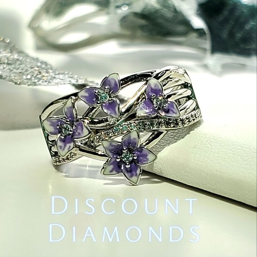 Violet (Purple) Flower Clear  White Diamond Ring on 925 Sterling Silver